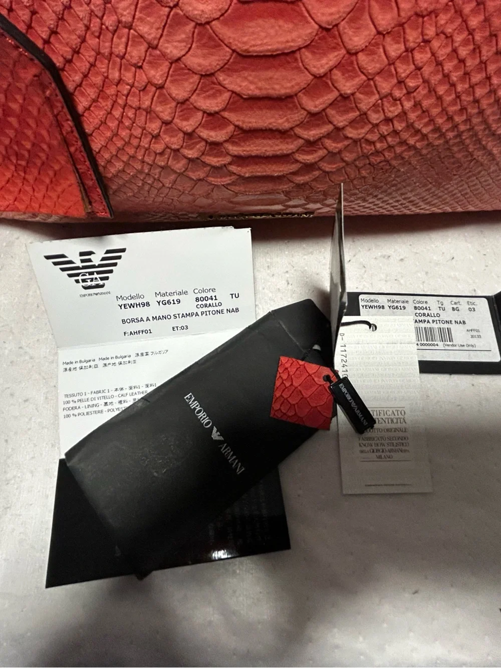 Emporio Armani Red salmon Faux Python  leather with Gold Hardware bag